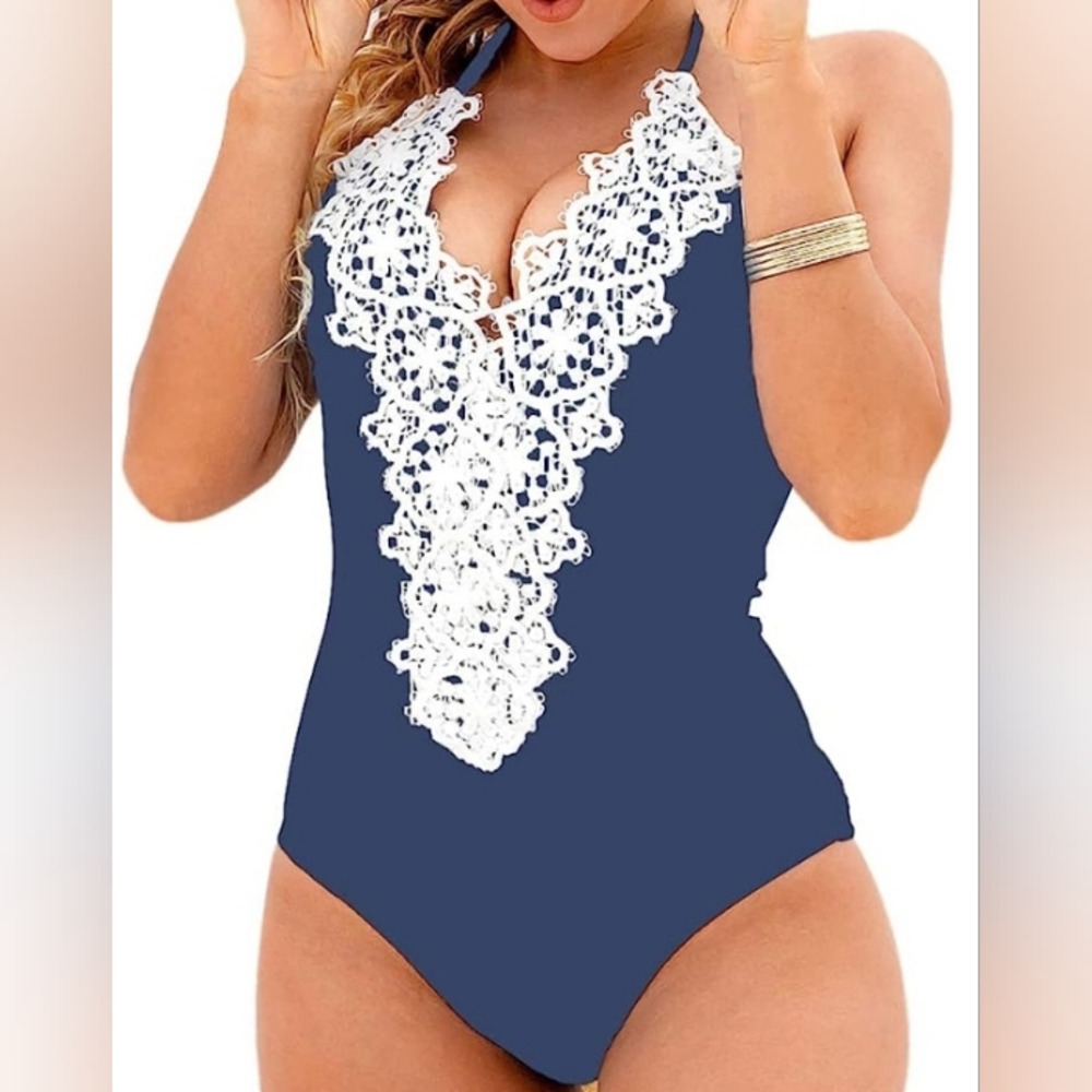 Blooming Jelly Women's Vintage One Piece Swimsuit Lace Tummy Control Halter Swim
